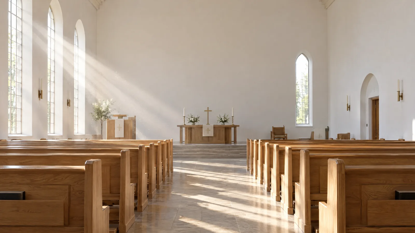 Empty oak pews in early morning light