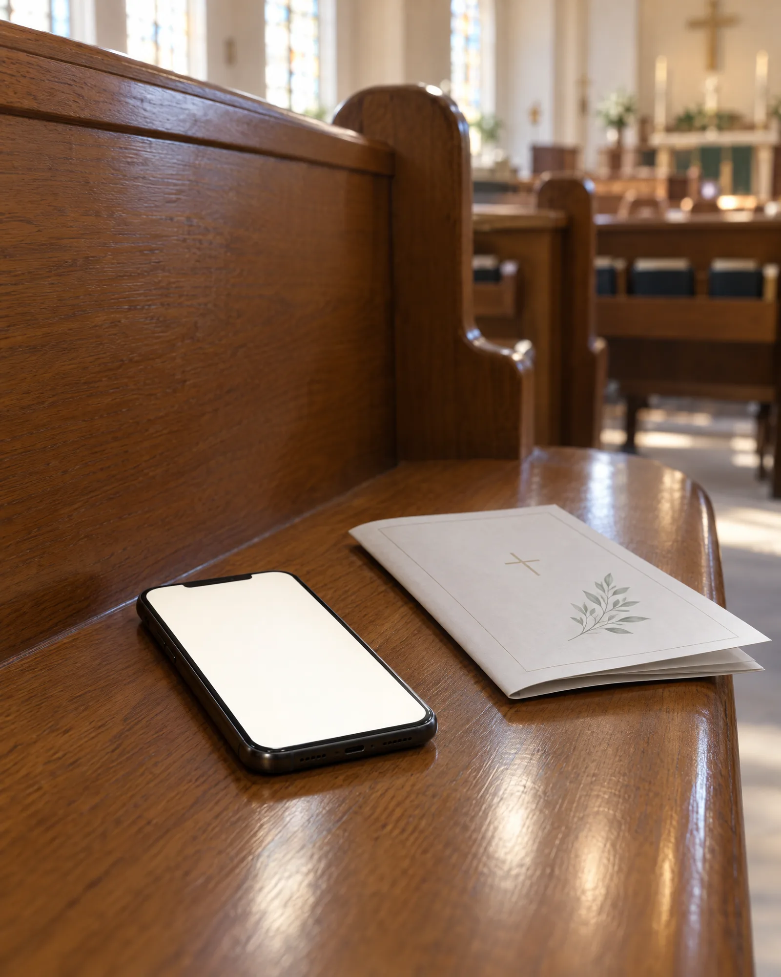 A phone lying on a church pew